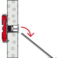 Diagramm zeigt ein rotes und graues an der Wand montiertes Gerät mit einem Pfeil, der anzeigt, dass eine Stange eingeführt oder eingestellt wird.
