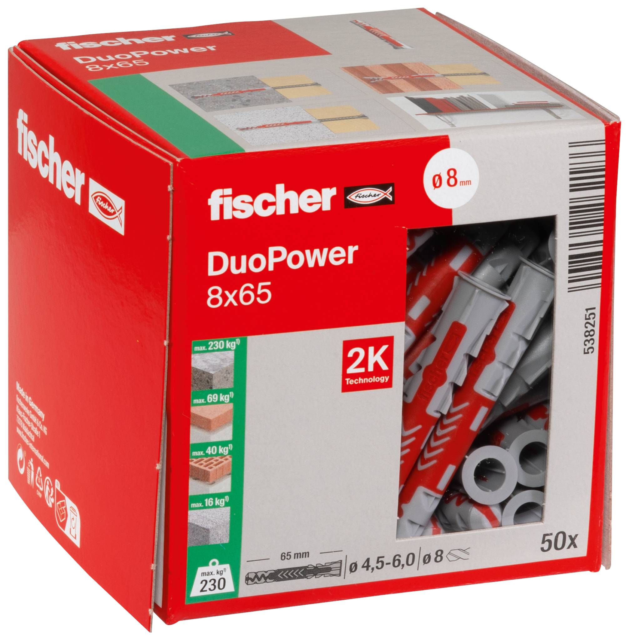 Cheville murale en plastique avec un motif de flèche rouge et le mot « fischer » gravé dessus, utilisée pour fixer des vis dans la maçonnerie ou les cloisons sèches.
