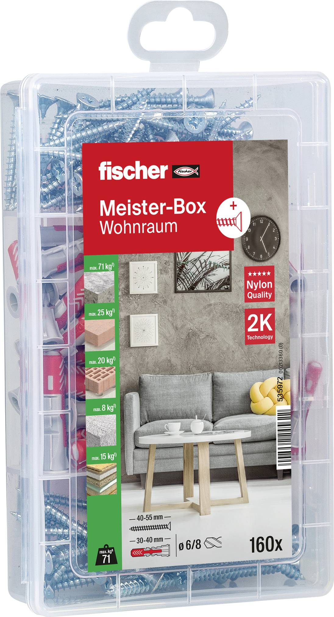 Ensemble de 160 pièces de Fischer, Boîte Maître pour l'habitat, contenant des chevilles en nylon et leurs vis correspondantes. L'emballage présente des idées d'application.