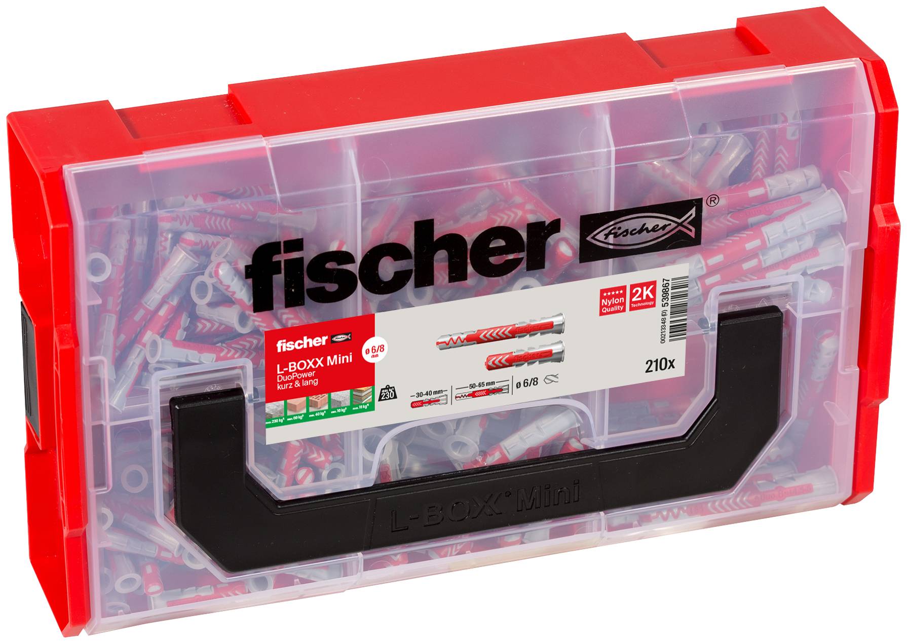Une boîte en plastique transparent avec un couvercle et une poignée rouges, contenant différents chevilles de 'fischer'. L'étiquette affiche le nom du produit.