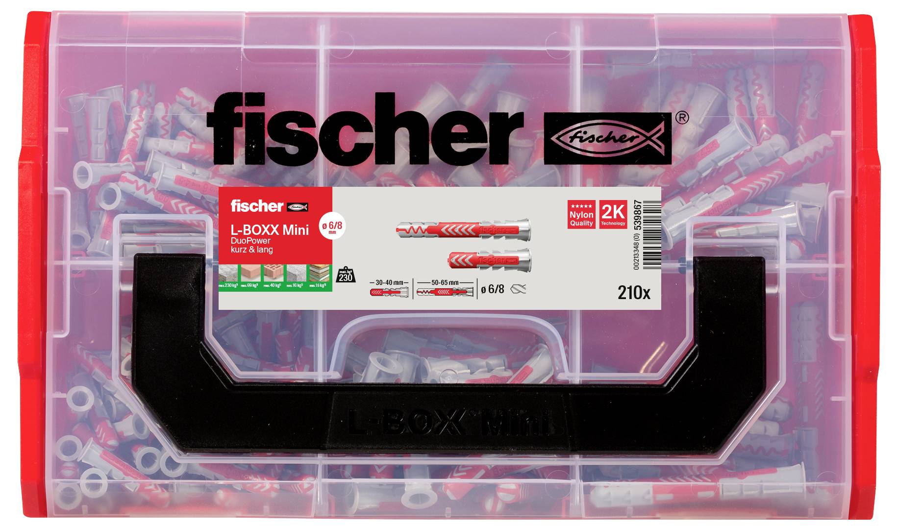 Une boîte transparente de 'fischer' contenant des chevilles, portant l'étiquette 'L-BOX Mini' avec un logo rouge, contient 210 chevilles et vis.