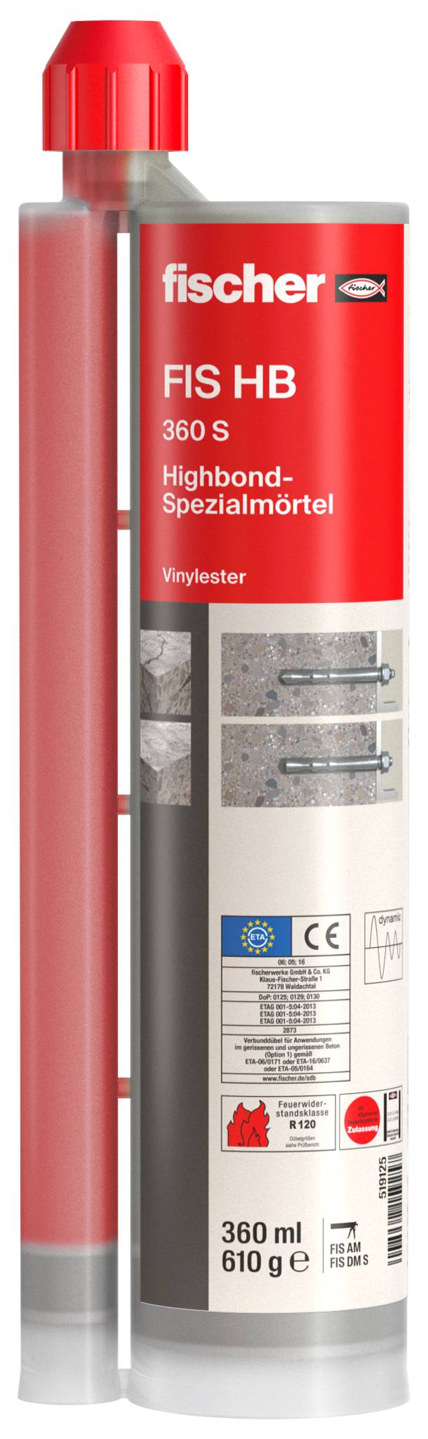 Cartouche de mortier spécial haute adhérence Red Fischer FIS HB 360 S, 360 ml, pour les ancrages dans la construction.
