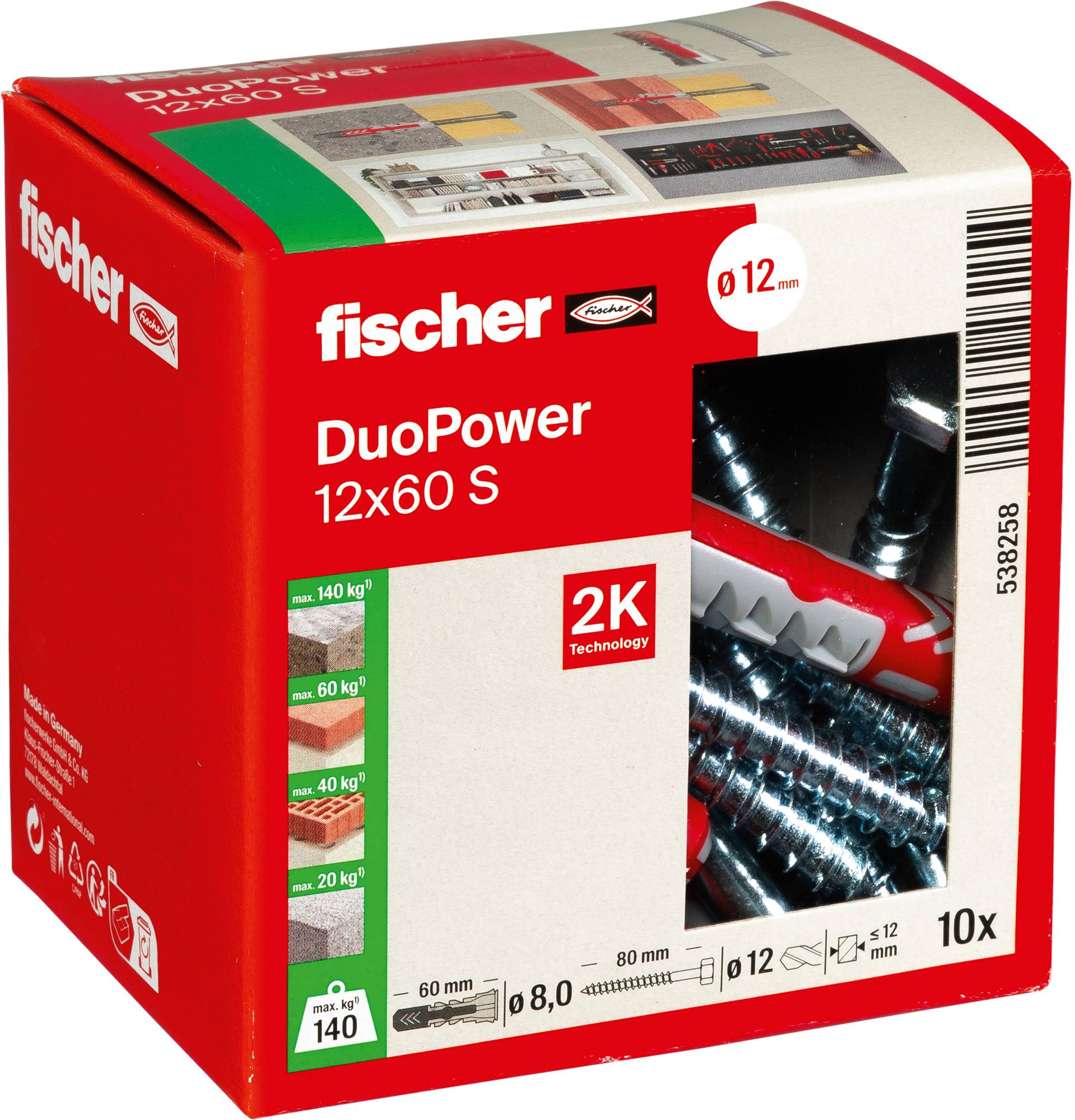 Verpackung für Fischer DuoPower 12x60 S Dübel, mit Schrauben und Dübel-Größendetails auf der Box, geeignet für verschiedene Tragfähigkeiten.