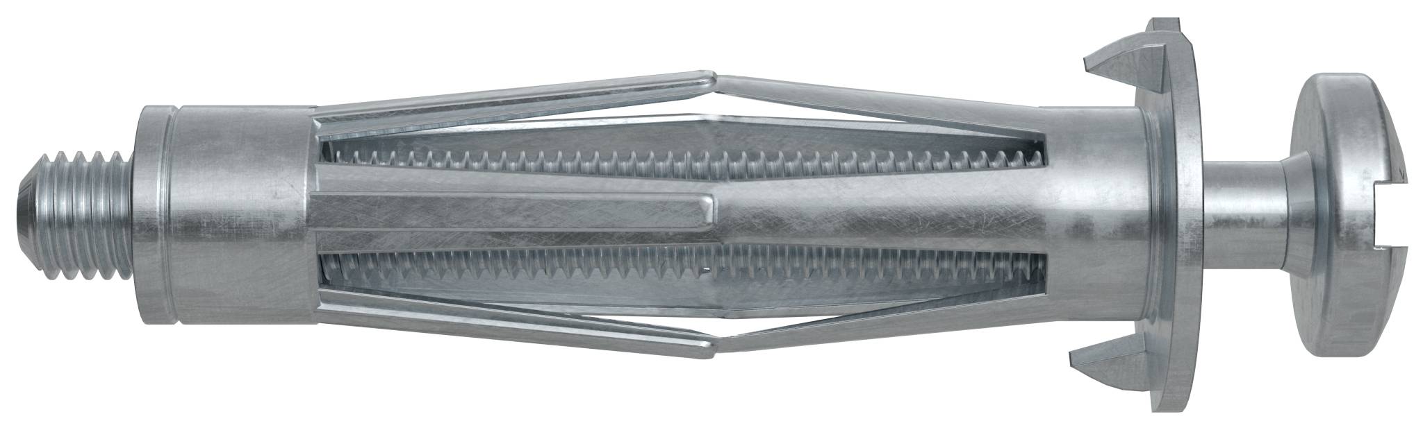 Boulon d'ancrage à expansion métallique avec extrémité filetée, corps fendu et collet présenté sur fond blanc.