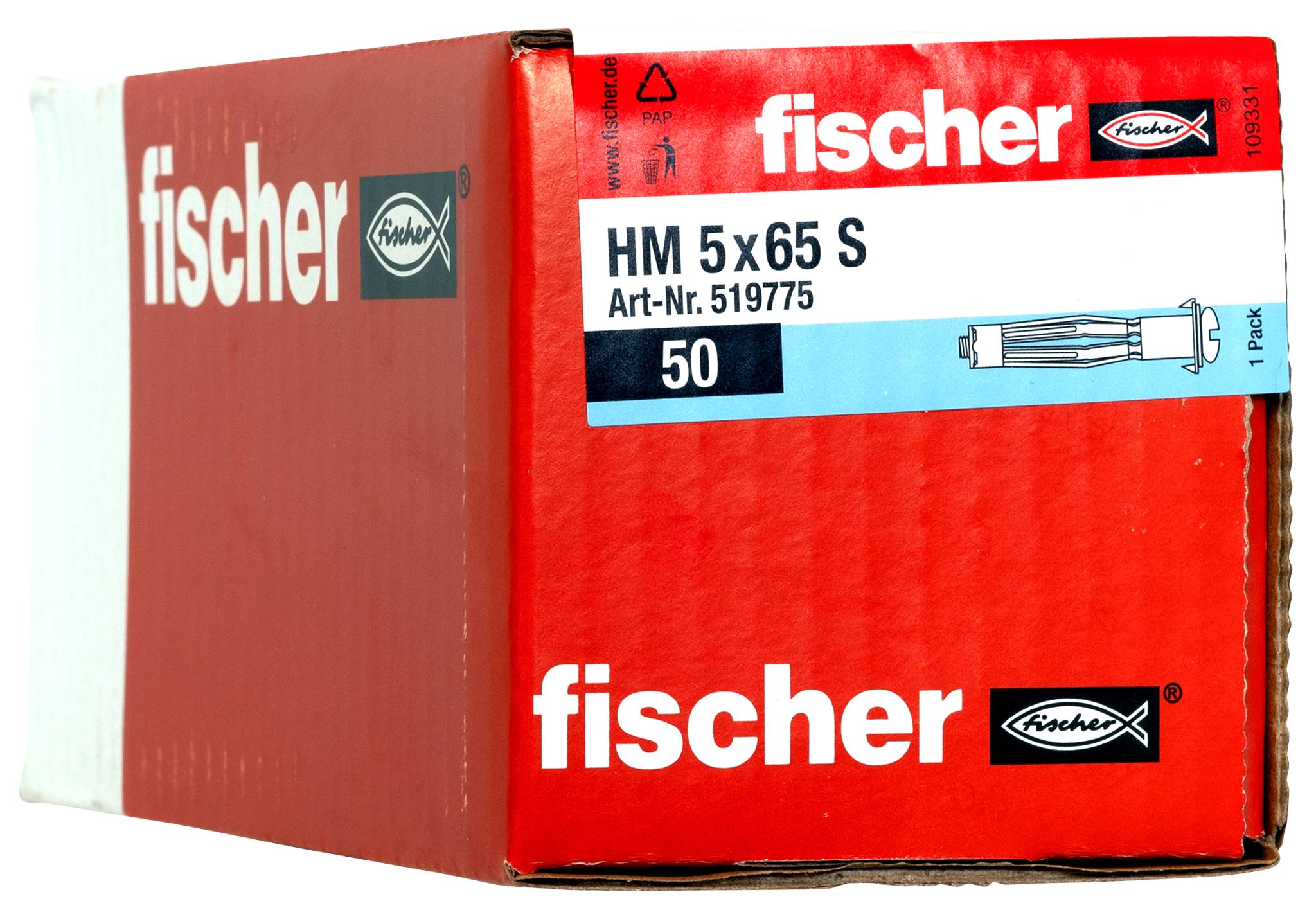 Boîte de produit Red Fischer portant l'étiquette « HM 5 x 65 S », N° art. 519775, quantité 50, avec une petite illustration d'ancre à l'avant.