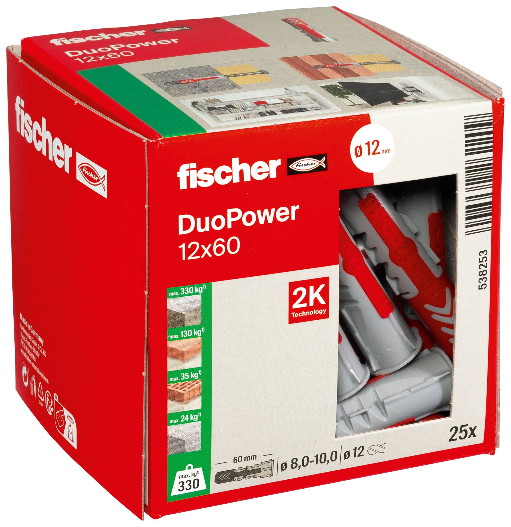 Une prise murale rouge et grise de marque « fischer » avec une vis métallique en dessous, tous deux conçus pour sécuriser les objets aux murs.