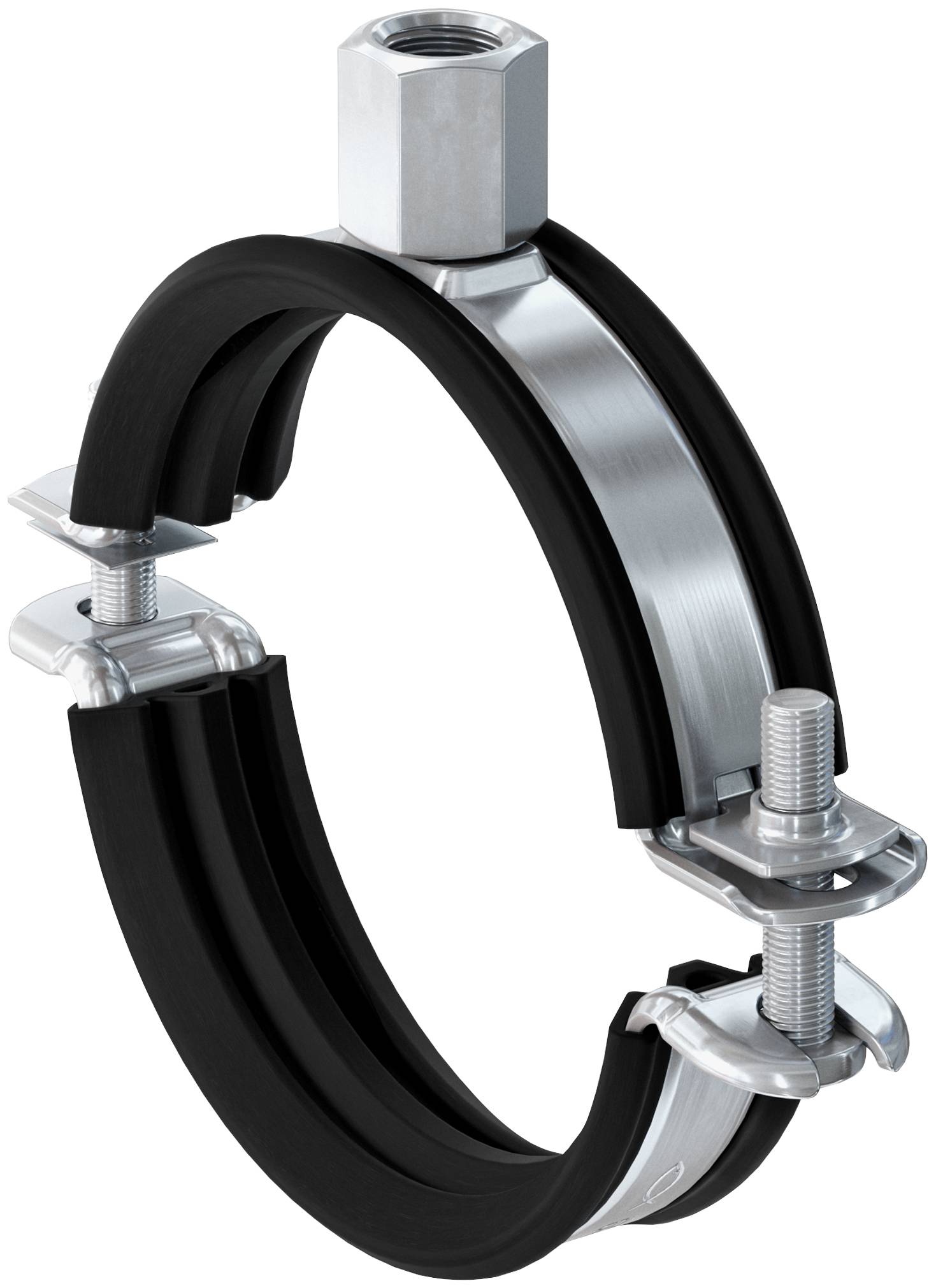 Un collier de tuyau métallique avec un revêtement en caoutchouc noir et des boulons filetés, utilisé pour fixer un tuyau ou un câble.