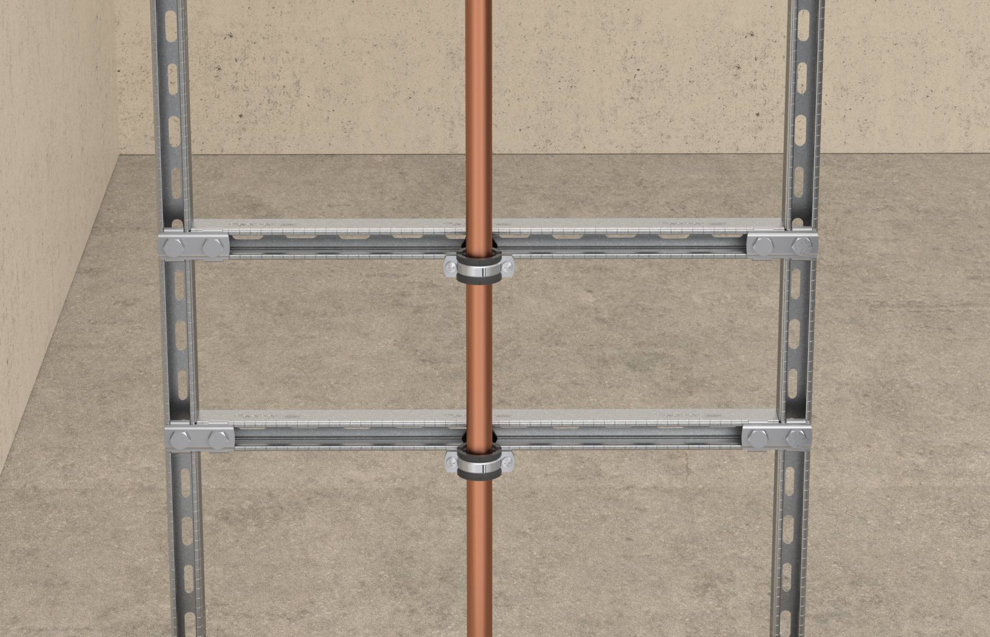 Cadre métallique avec un tuyau en cuivre vertical centré entre deux rails de support horizontaux, montrant une installation de tuyau dans une cavité murale.