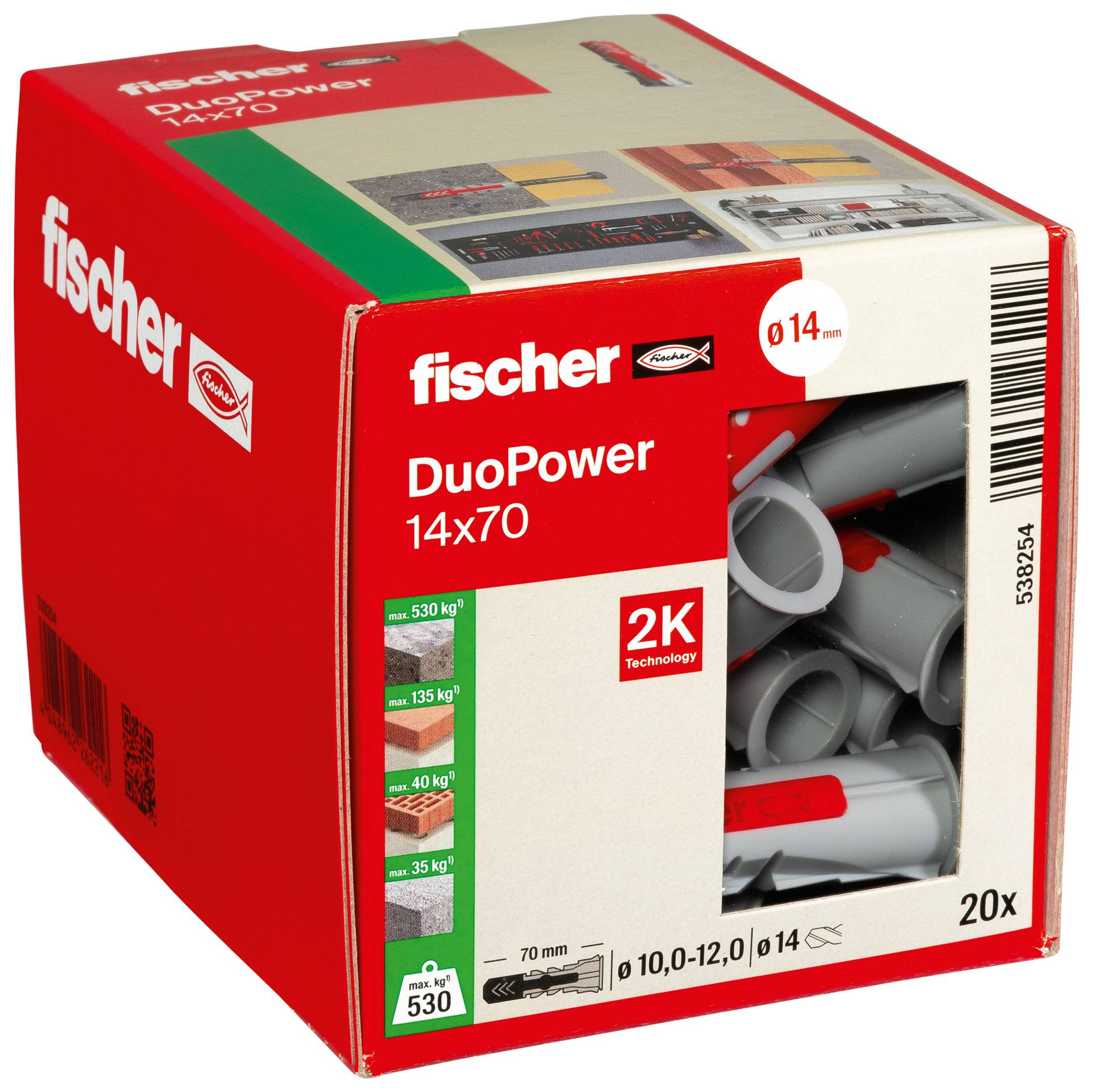 Un bouchon de cheville rouge et argenté avec le mot « fischer » gravé en relief, présentant un motif de chevron et un logo de marque.