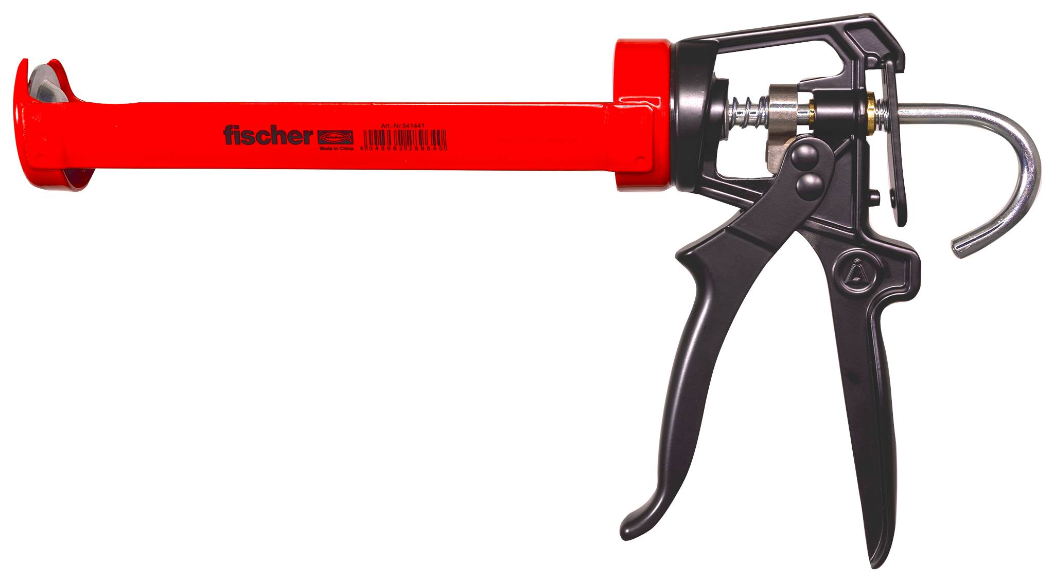 Pistolet à cartouche rouge, poignée en métal noir, utilisé pour l'application de mastics ou de colles.