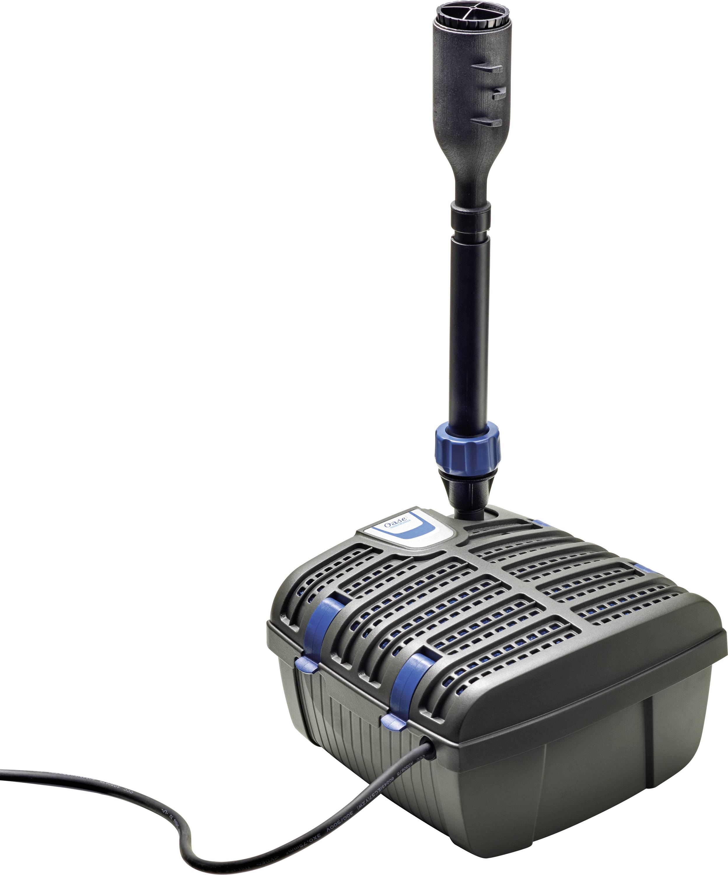 Une pompe de bassin submersible avec un tuyau de sortie haut et un cordon d'alimentation, conçue pour la circulation de l'eau dans les bassins de jardin.