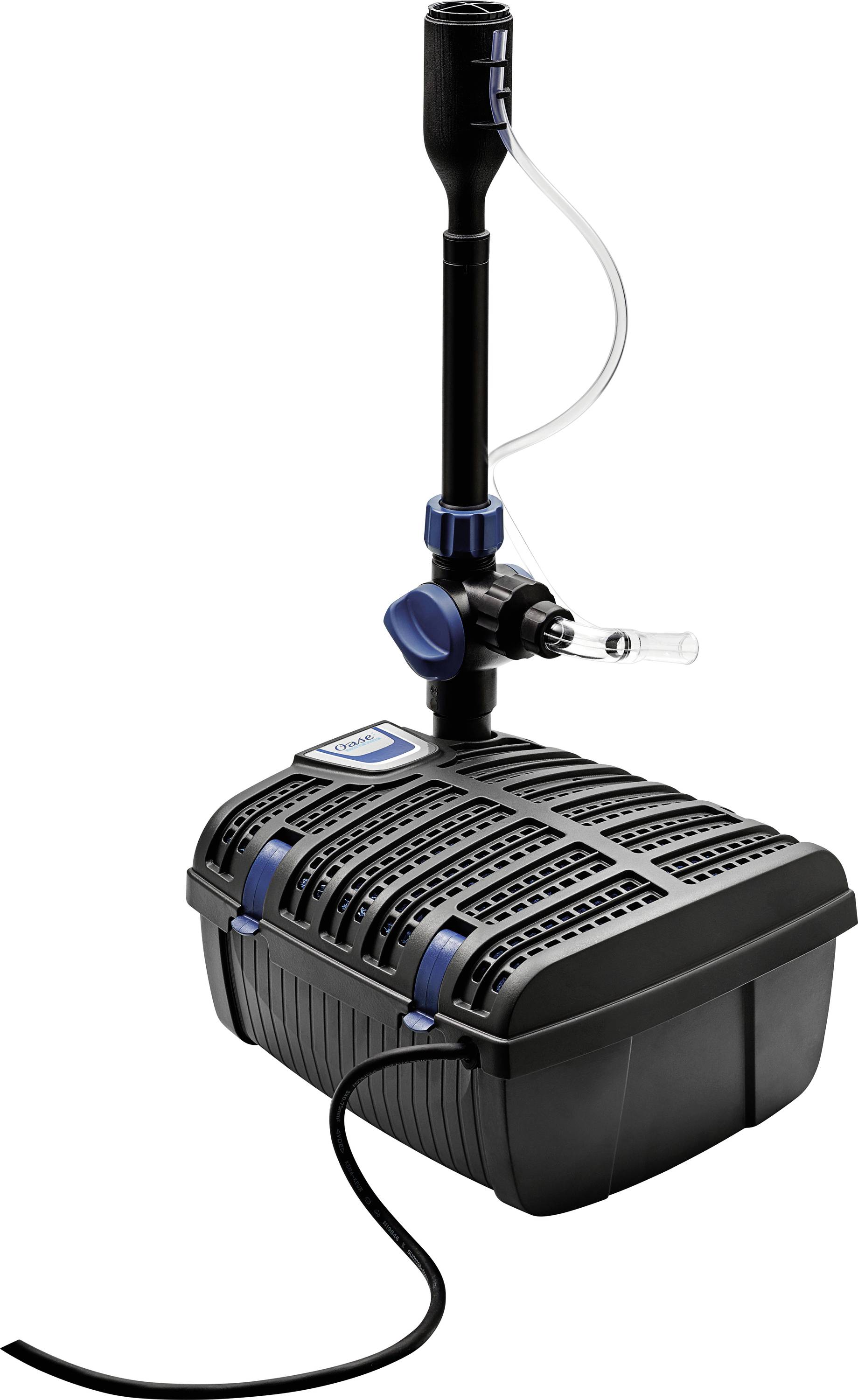 « Une pompe de fontaine noire et bleue avec un tuyau de sortie vertical, utilisée pour des éléments décoratifs aquatiques, présentée sur un fond uni. »