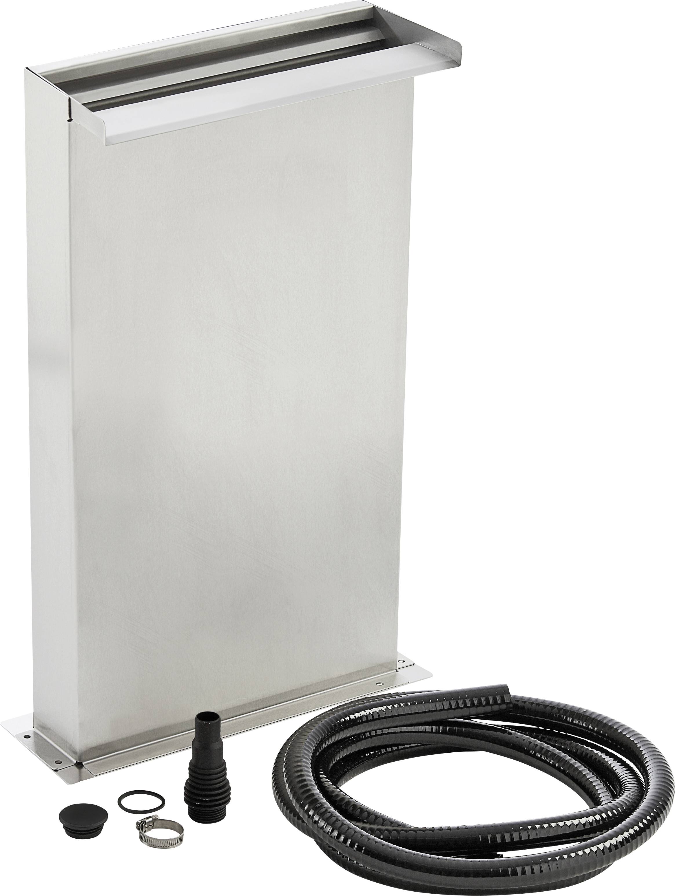 Descente en cascade en acier inoxydable avec tuyau flexible et composants d'installation, conçue pour créer un élément aquatique dans l'aménagement paysager.