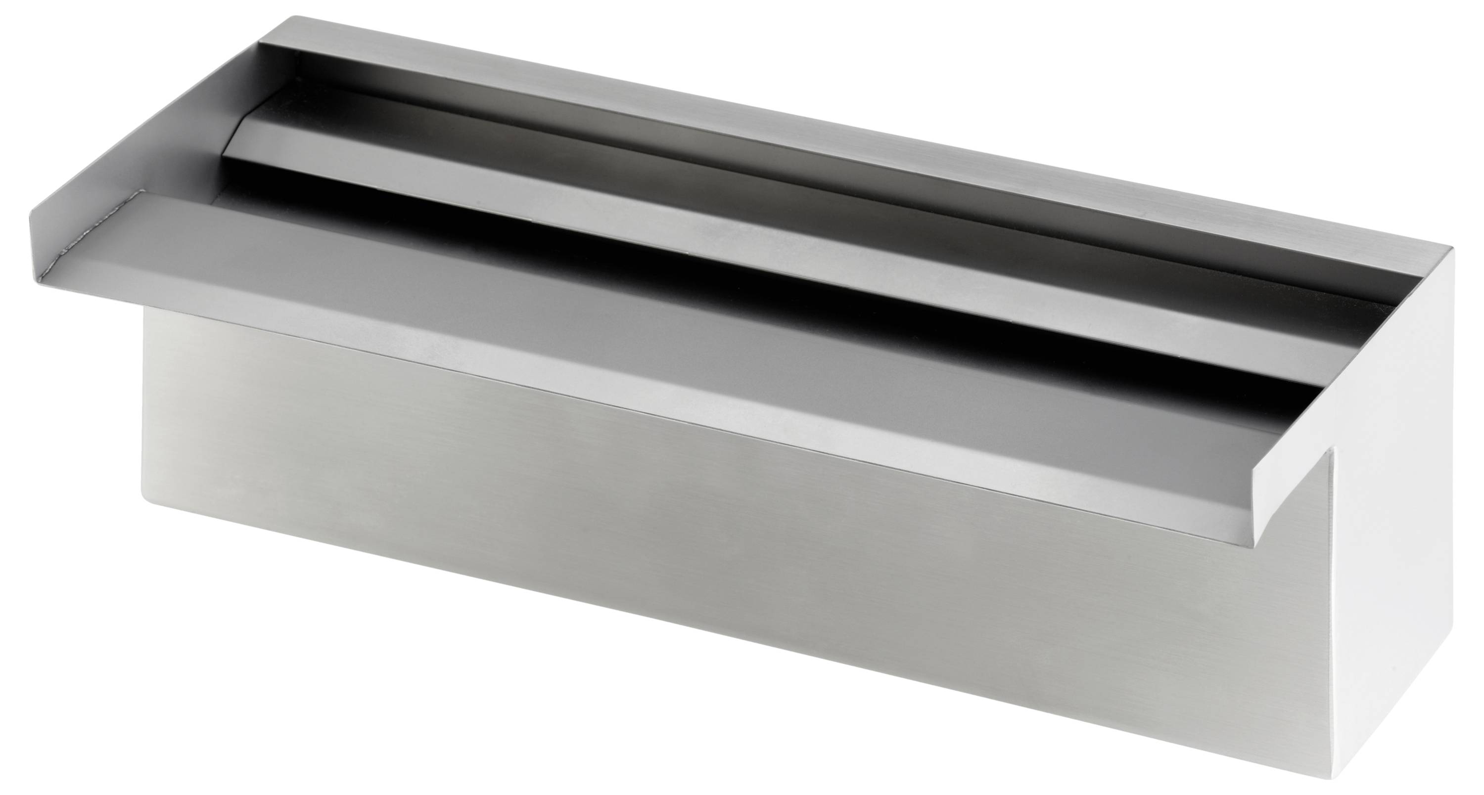 Un déversoir rectangulaire en acier inoxydable, conçu pour un écoulement d'eau uniforme dans les aménagements aquatiques, avec une large sortie et une finition élégante.