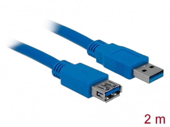 Câble de rallonge USB 3.0 bleu, long de 2 mètres, avec une fiche USB-A et un port USB-A pour connecter des appareils.