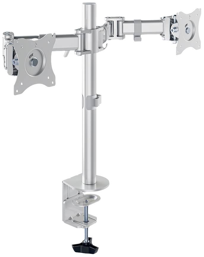 Support de moniteur en métal avec deux bras ajustables et pince de table pour fixation. Adapté pour deux écrans.