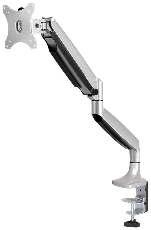 Support de moniteur en métal avec bras ajustable et pince de table, adapté pour un positionnement ergonomique de l'écran.