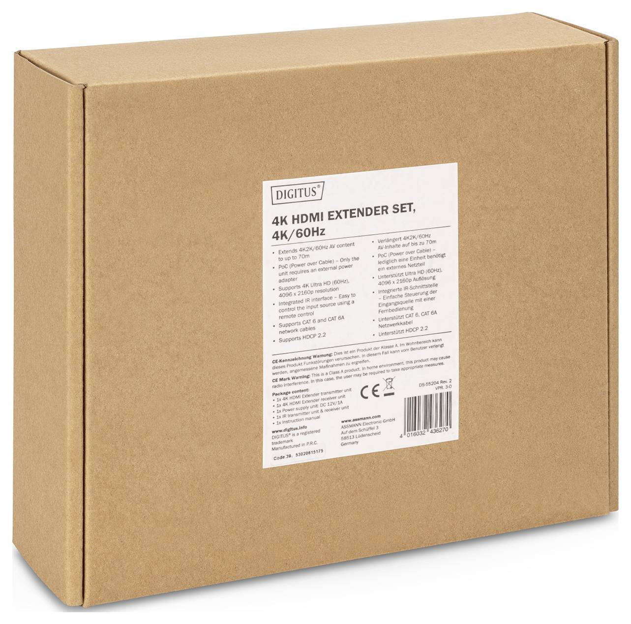 Carton brun avec étiquette décrivant un ensemble d'extenseur HDMI 4K. L'étiquette contient les spécifications techniques du produit et le marquage CE.