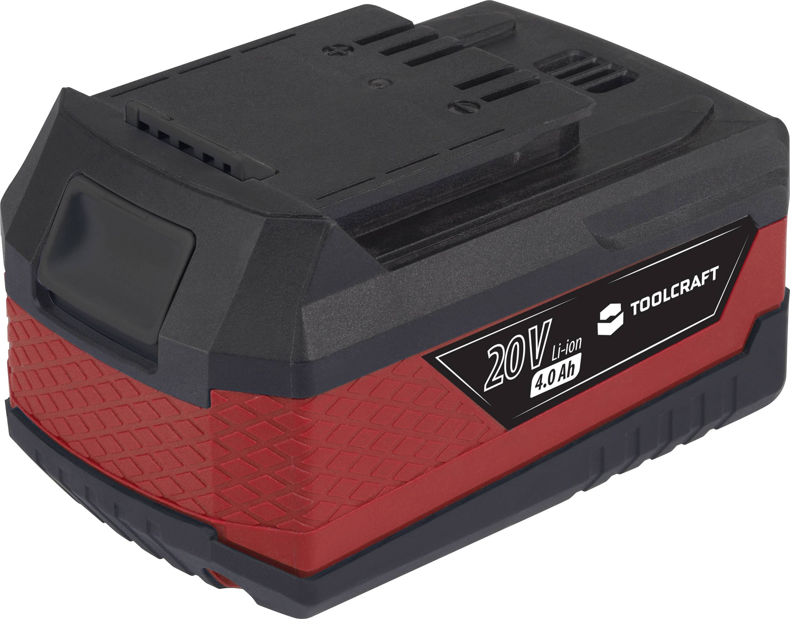 Batterie lithium-ion, 20V, 4,0 Ah, rouge et noir, avec logo de marque, adaptée aux outils électriques.