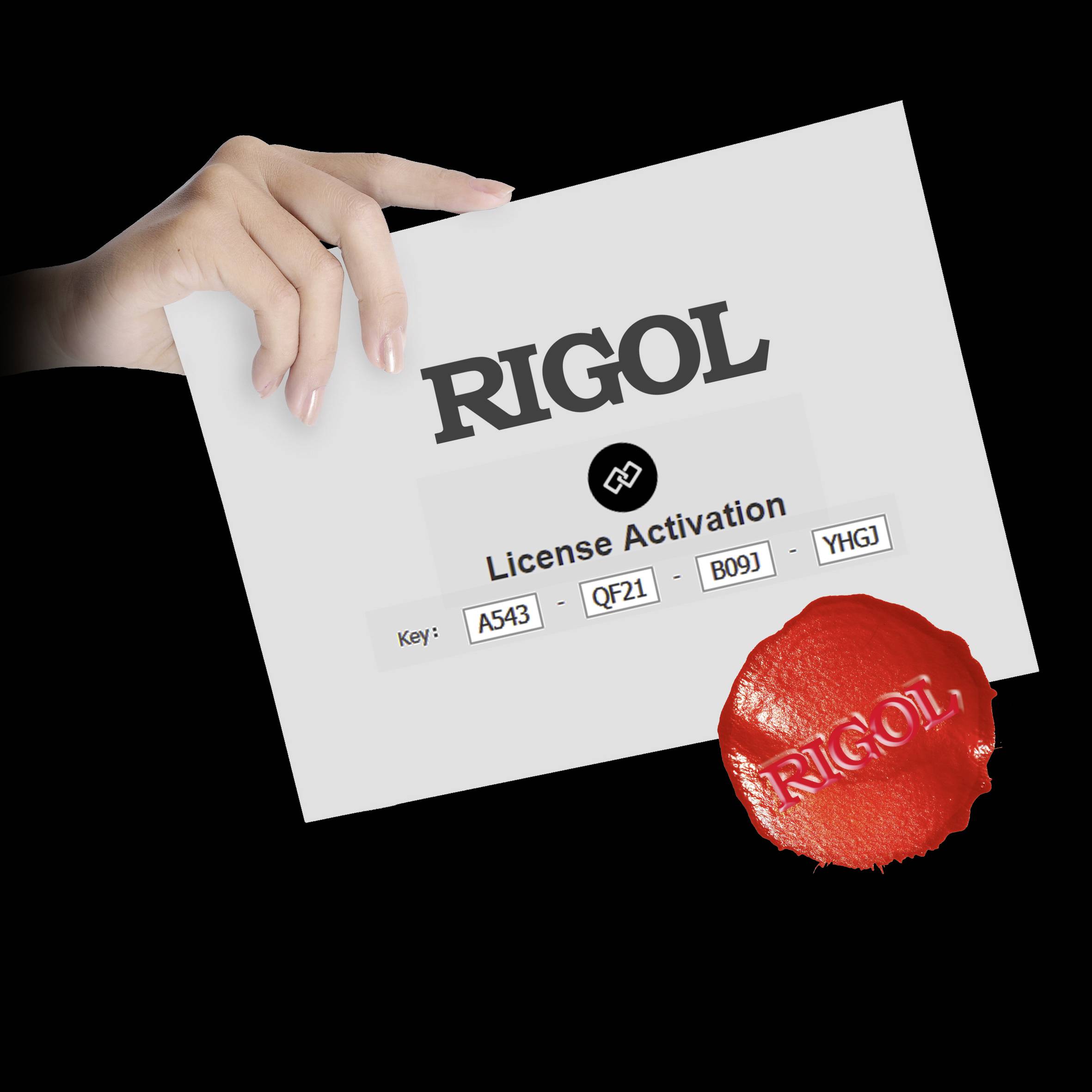 Une main tient une lettre d'activation portant le titre « RIGOL License Activation », un numéro de licence et un sceau rouge.