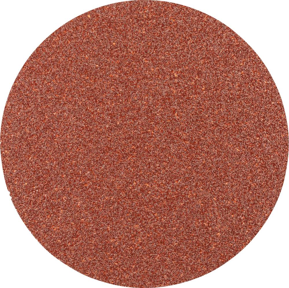 Un disque de papier de verre rond, rouge, à grain grossier, utilisé pour les travaux sur bois et métal.