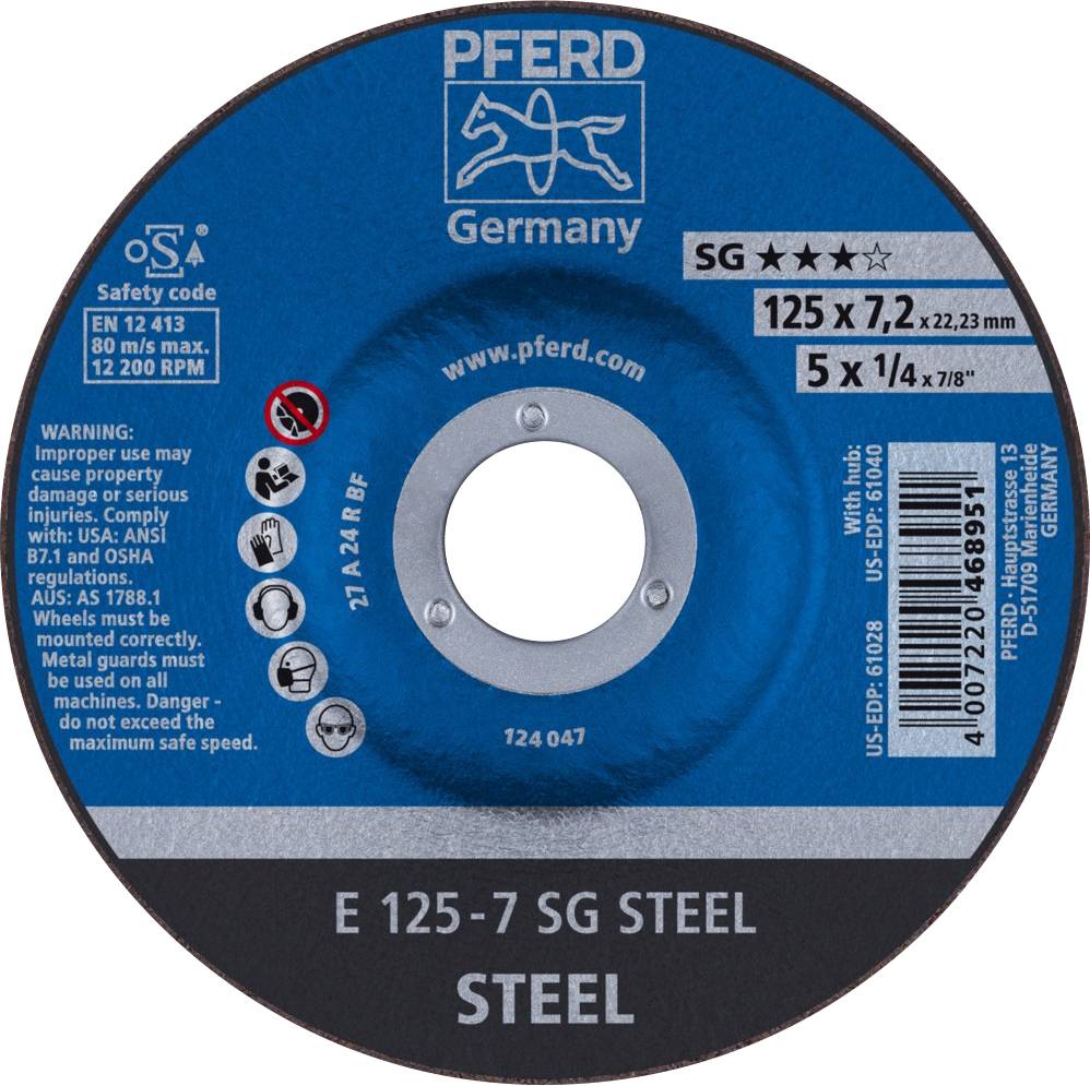 Disque à meuler de la marque 'PFERD' pour acier, diamètre 125 mm, épaisseur 7,2 mm. Indications de sécurité et caractéristiques de performance imprimées.