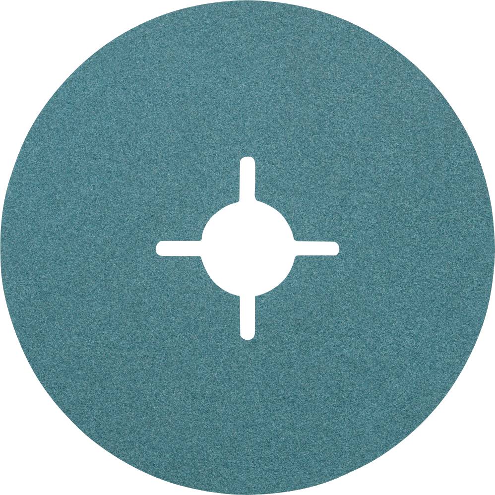 Un papier de verre rond, bleu, avec un trou cruciforme en son centre.