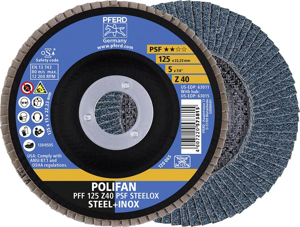 Disque à meuler PFERD, type POLIFAN PSF, diamètre 125 mm, pour acier et inox. Contient des spécifications et des informations de sécurité.