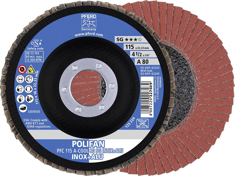 Un disque à tronçonner de la marque Pferd, modèle POLIFAN PFC 115 A-COOL, adapté pour l'acier inoxydable et l'aluminium, aux dimensions 115x22,23 mm.