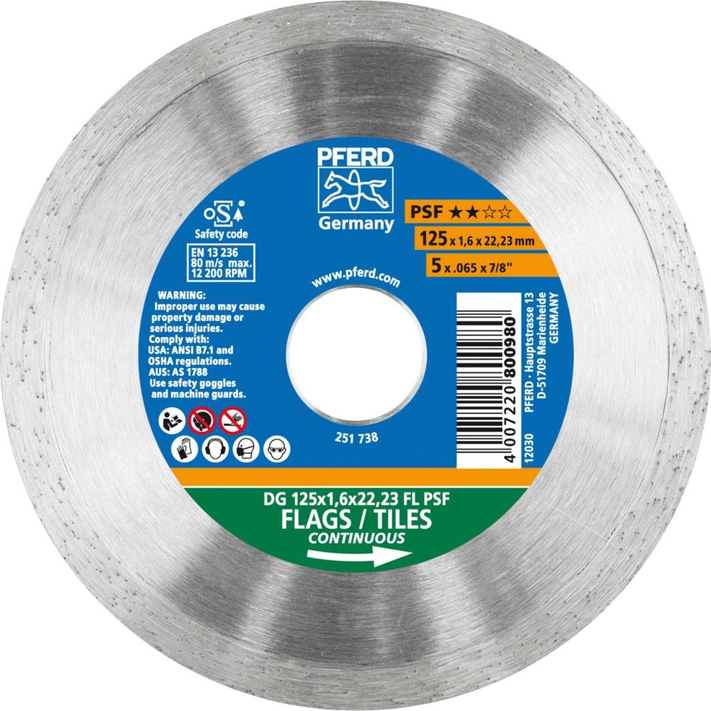 Disque à meuler portant l'inscription 'PFERD Germany'. Dimensions : 125 x 1,6 x 22,23 mm. Avertissements et informations de sécurité visibles.