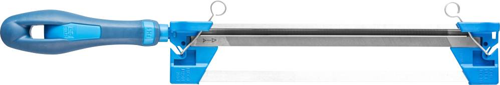 Scie à métaux avec poignée bleue et tension de lame réglable, adaptée pour couper précisément des pièces métalliques.