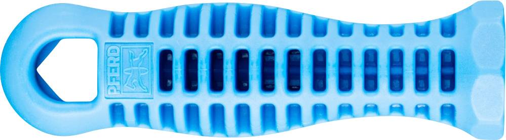 Poignée en plastique bleu de forme allongée avec une structure striée antidérapante.