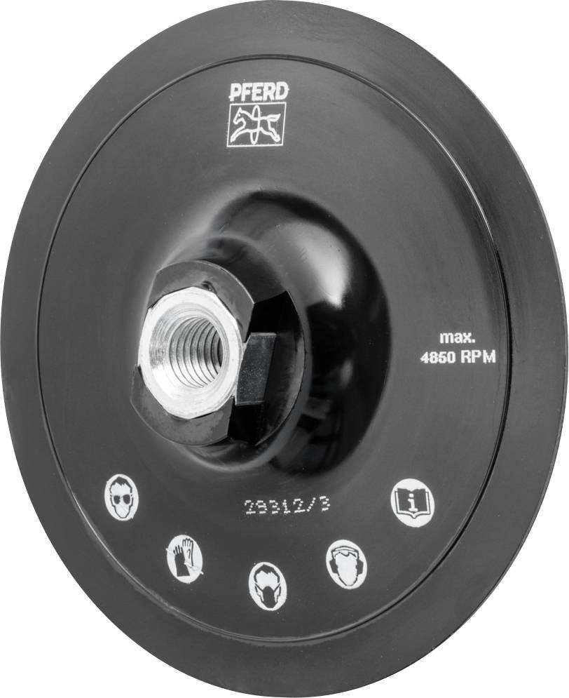 Un disque à meuler noir de la marque PFERD, max. 4850 tr/min. Symboles de lunettes de protection, de protection auditive et de gants visibles.