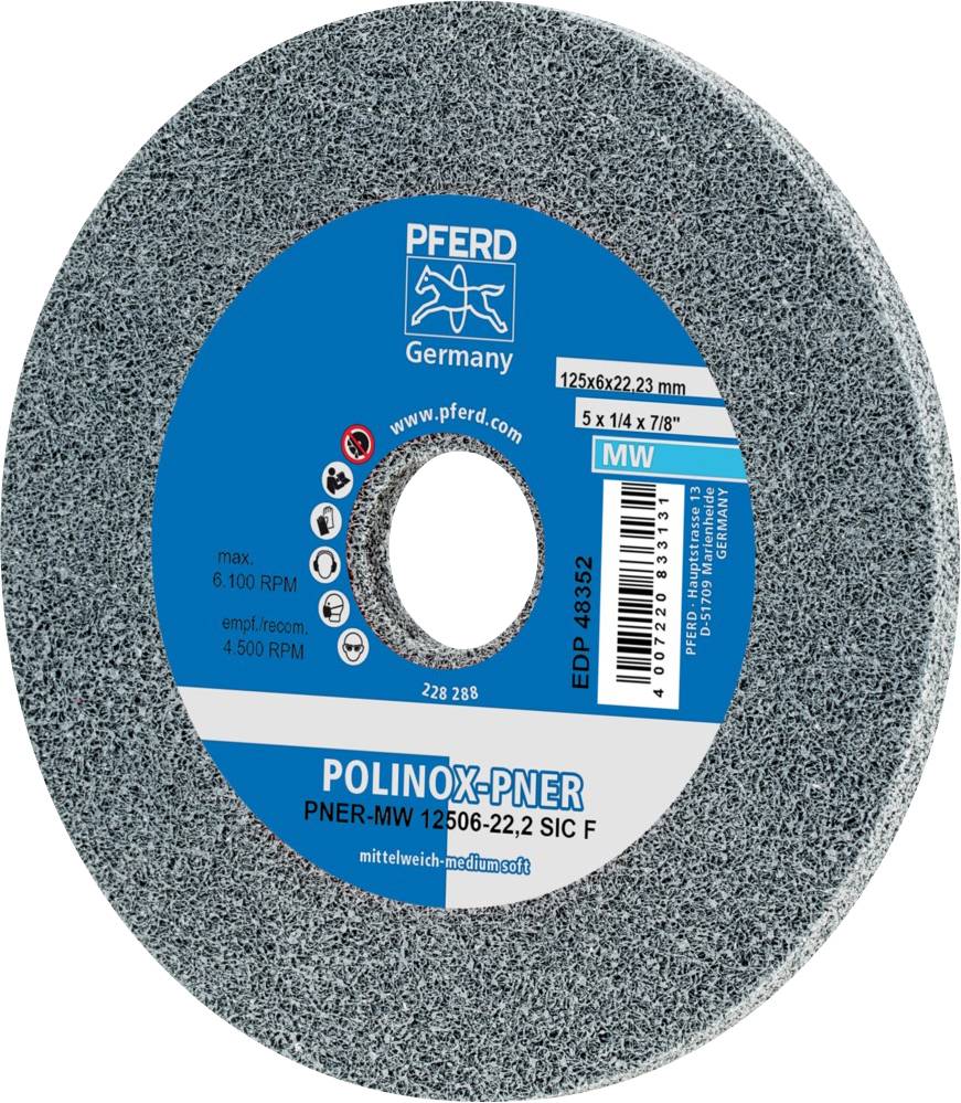 Disque abrasif avec centre bleu, logo de marque et site web. Modèle 'POLINOX-PNER', 125x6x22,3 mm, max. 6 100 tr/min, adapté pour mi-tendre.