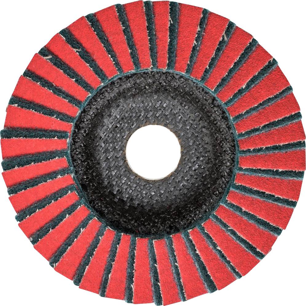 Disque abrasif ou de polissage rouge avec des lamelles disposées uniformément, outil typique pour l'usinage des métaux ou le lissage de surfaces.