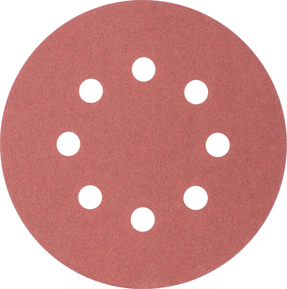 Disque de ponçage rond, rouge, avec huit trous répartis uniformément, sur un fond blanc.