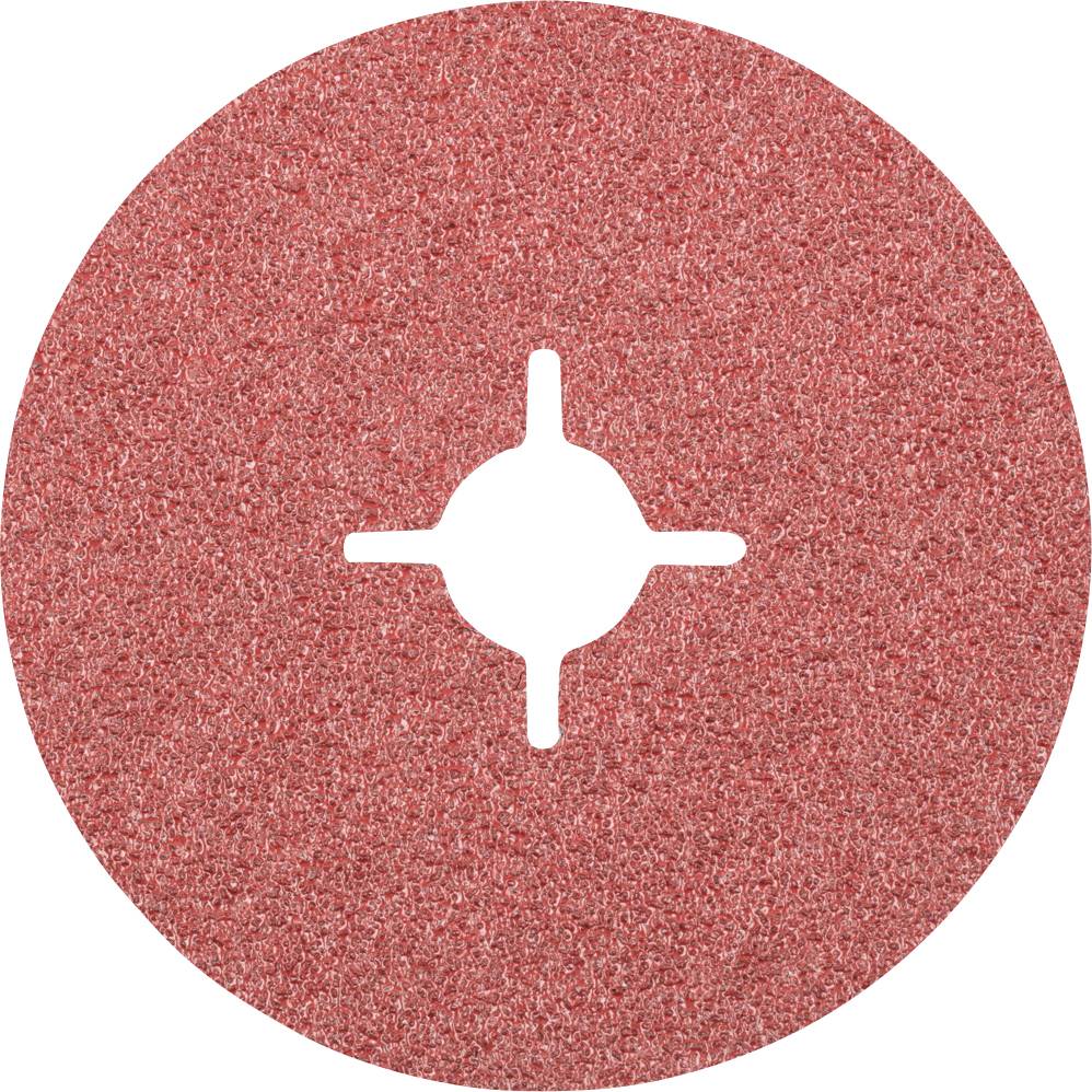 Disque abrasif rond de couleur rouge, muni d'une ouverture centrale en croix permettant sa fixation sur des machines à meuler.