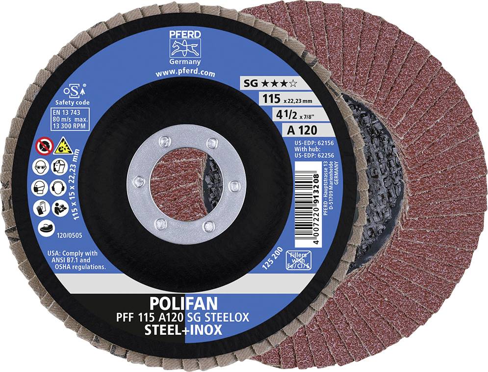Deux meules abrasives avec spécifications techniques marquées, telles que 'SG', diamètre 115 mm, grain A 120, adaptées pour l'acier inoxydable.