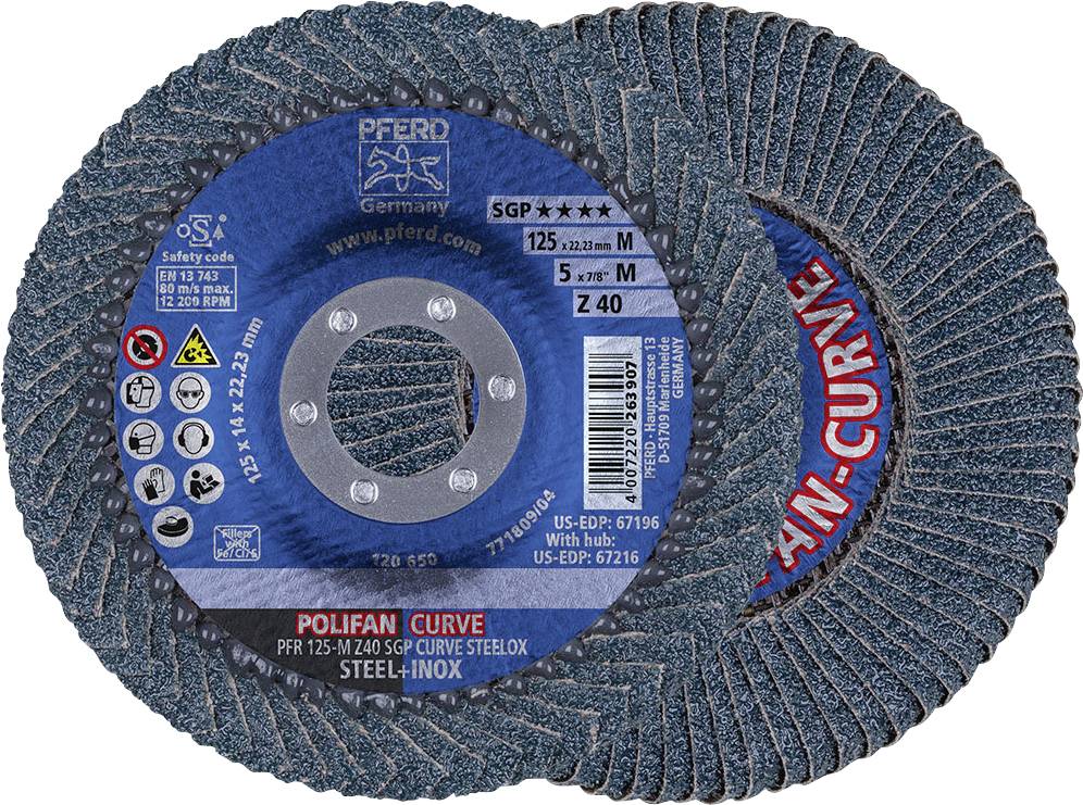 'Deux disques de meulage Polifan de la marque Pferd, modèle Curve, adaptés pour l'acier et l'acier inoxydable, aux dimensions 125 x 22,23 mm.'