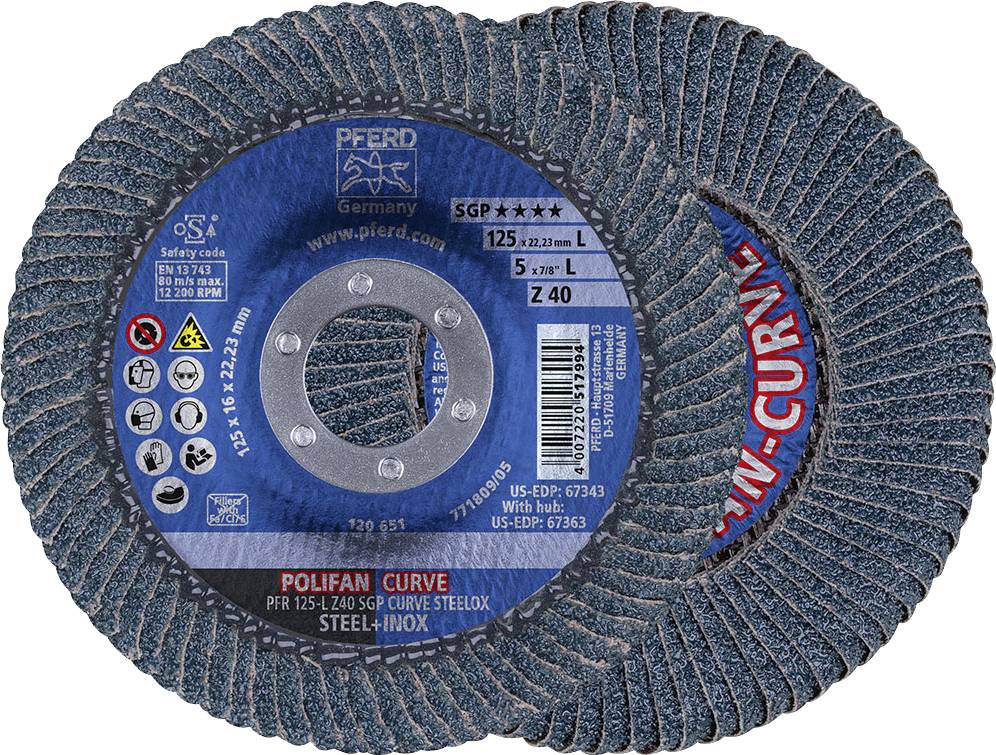 Deux meules abrasives de la marque Pferd, modèle Polifan Curve, avec étiquetage bleu et informations produit en blanc et rouge.