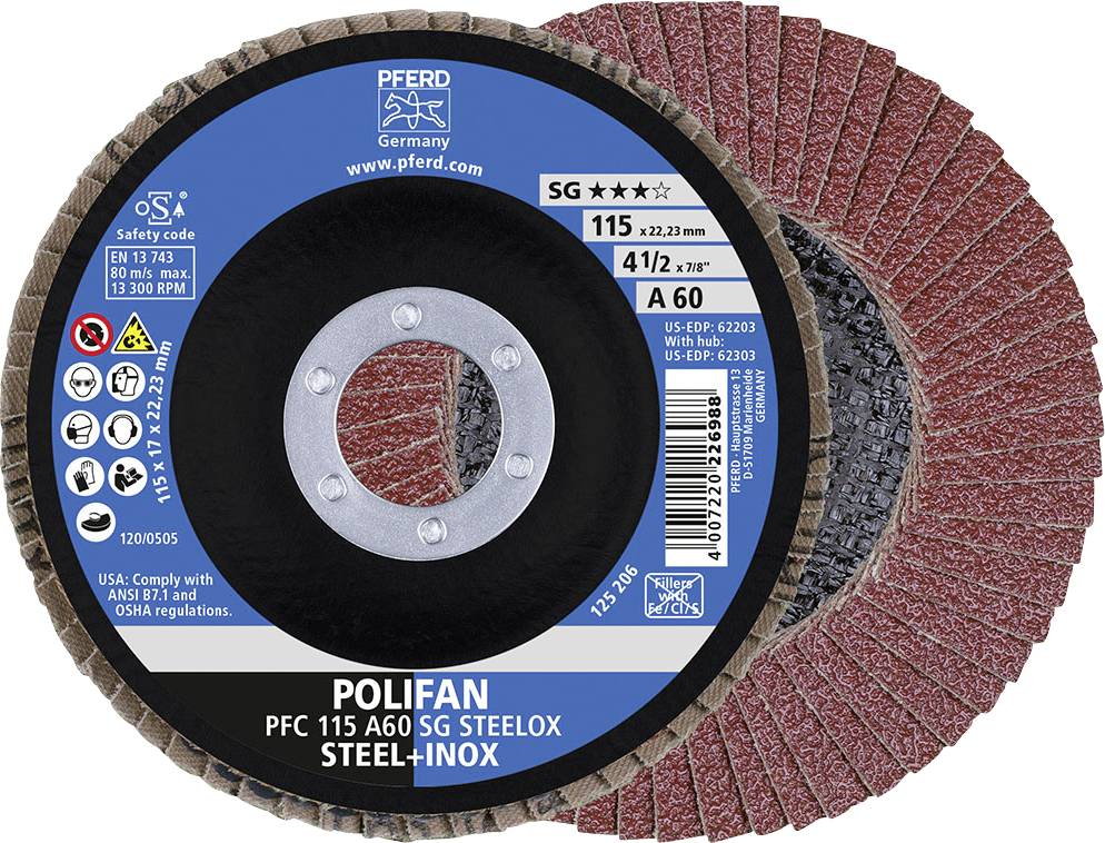 Disque à meuler avec étiquette : POLIFAN PFC 115 A60 SG STEELOX. Adapté pour l'acier et l'inox. Diamètre 115 mm, vitesse maximale 13 300 tr/min.