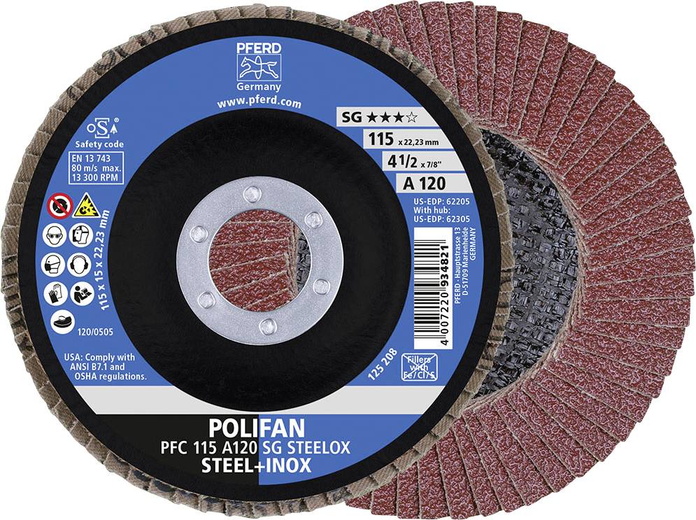 Disque abrasif Polifan PFC 115 A120 SG SteeLox avec indications de diamètre et certifications de sécurité. Adapté pour l'acier et l'inox.