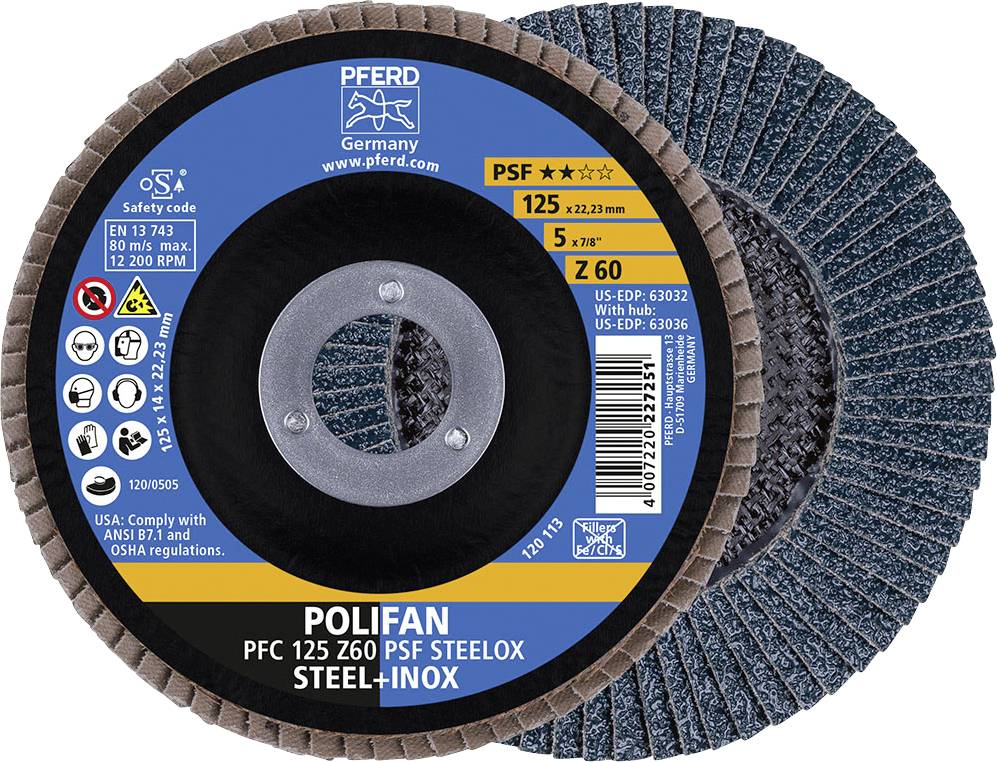 Disque à meuler PFERD, modèle POLIFAN, diamètre 125 mm, pour acier et acier inoxydable, grain Z60, vitesse 12 200 tr/min.