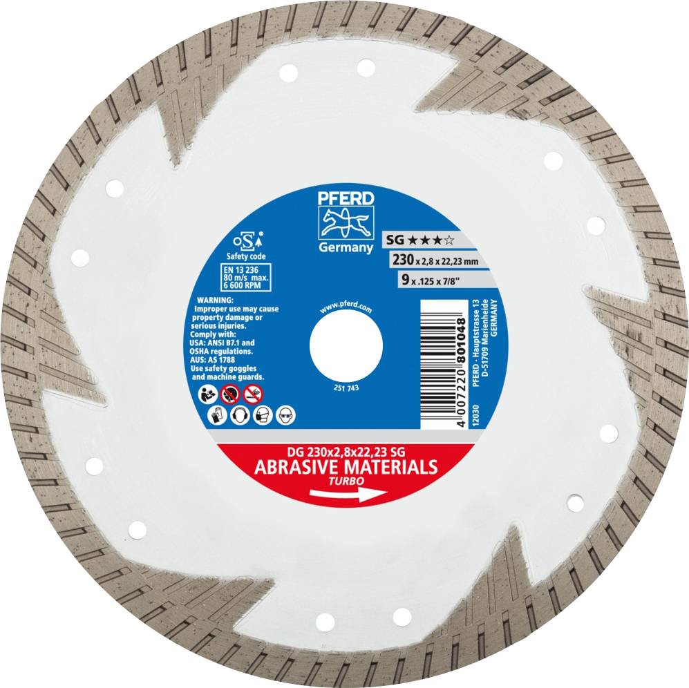 Disque à meuler de Pferd, adapté aux matériaux abrasifs, diamètre 230 mm, alésage 22,23 mm, design turbo segmenté.