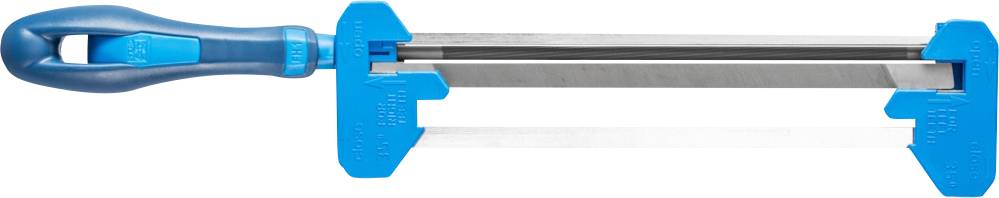 Lime bleue avec poignée ergonomique, fixée dans un support utilisé pour affûter des bords ou des surfaces.
