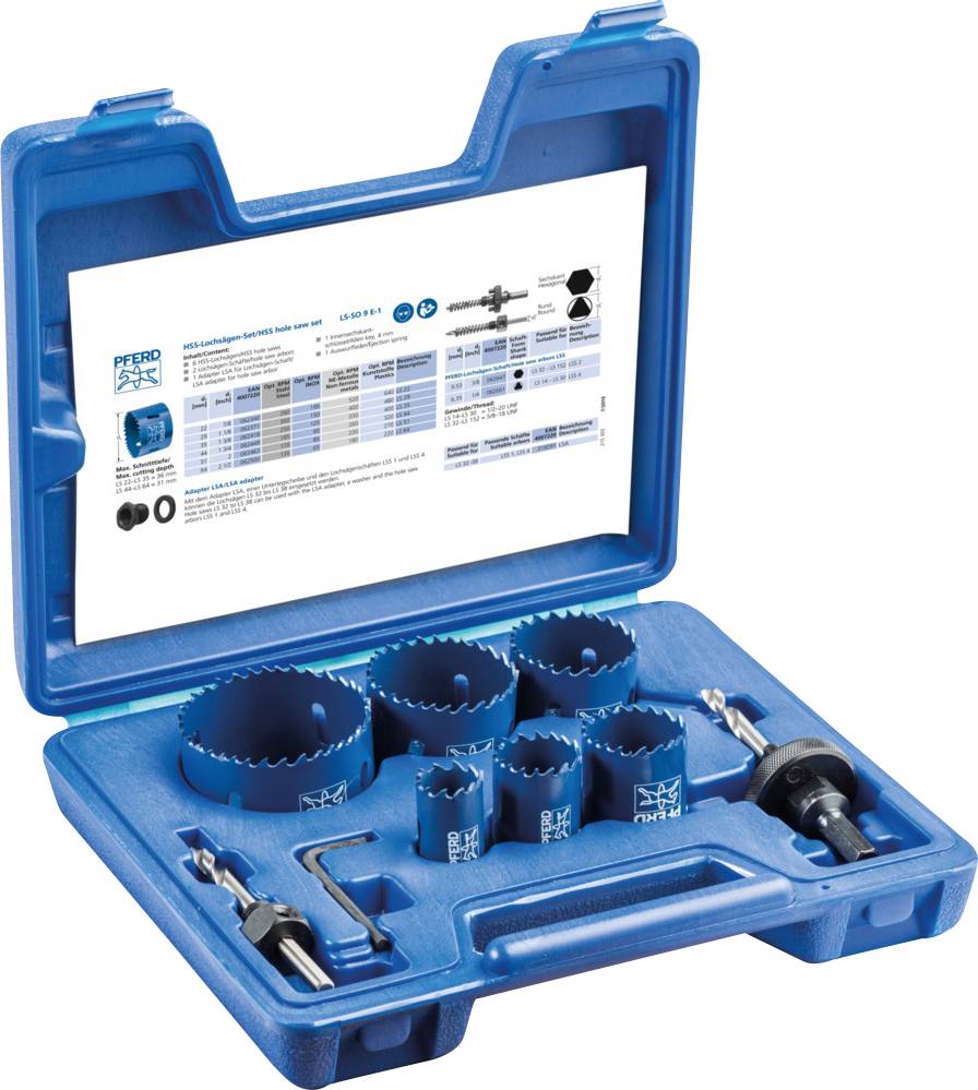 Mallette à outils bleue contenant différentes scies-cloches et accessoires de perçage de diverses tailles, idéale pour les travaux artisanaux.