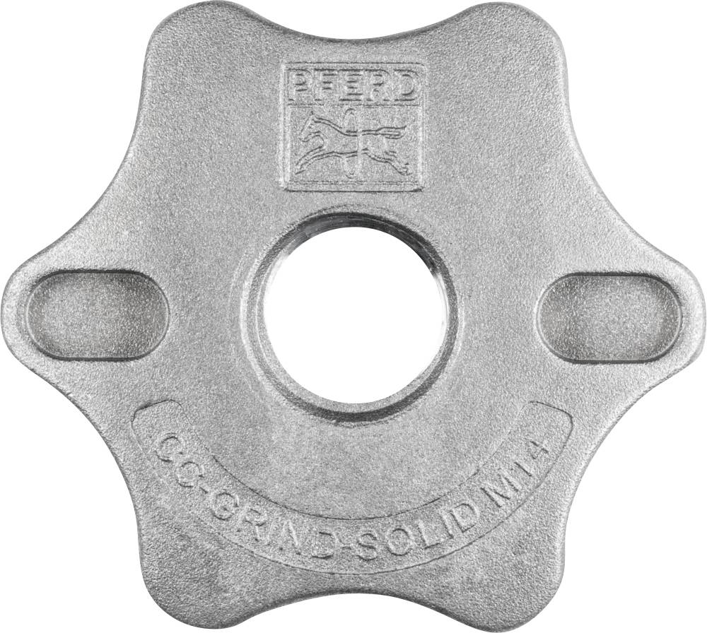 Écrou métallique à quatre trous avec un trou central. Le texte 'Grind Solid M14' et un logo sont estampés sur la surface.