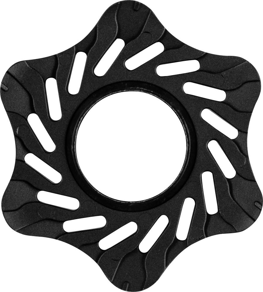 Disque de frein en métal noir, en forme d'étoile, avec six bras lisses et incurvés et un trou rond au centre.