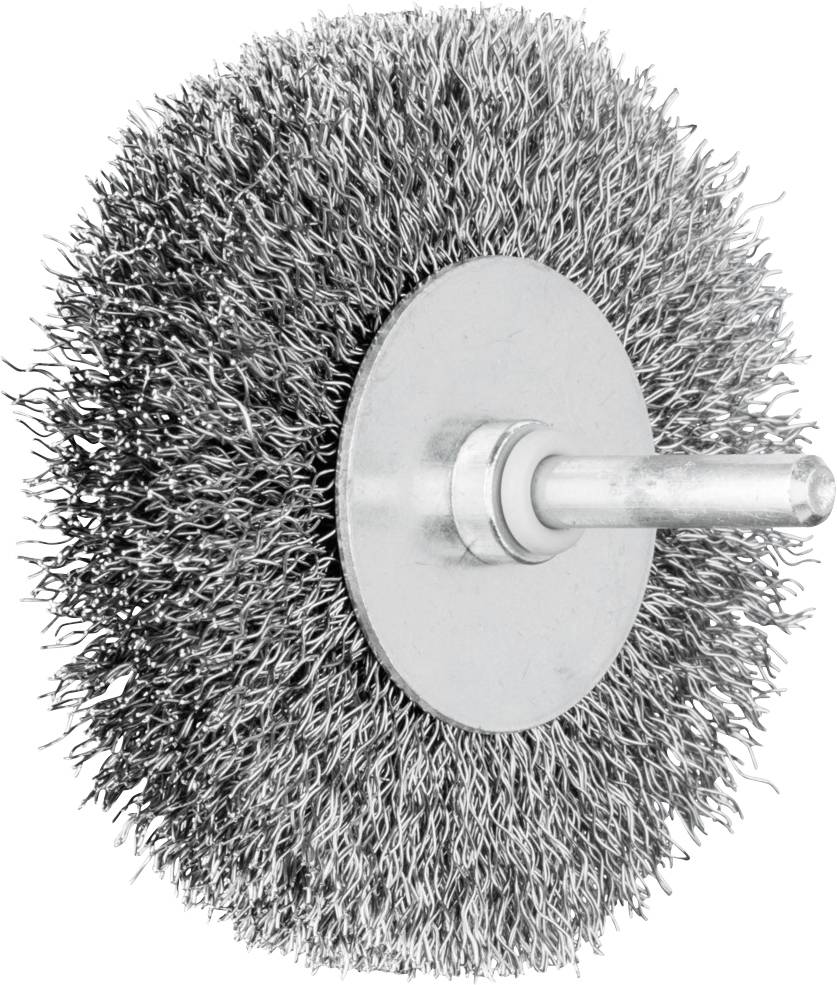 Brosse métallique ronde avec des poils en métal et un manche, adaptée pour éliminer la rouille et la peinture sur des surfaces métalliques.