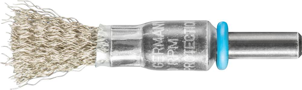 Un brossage métallique rond avec des poils et un anneau bleu sur le manche, adapté au traitement de surface ou au nettoyage.